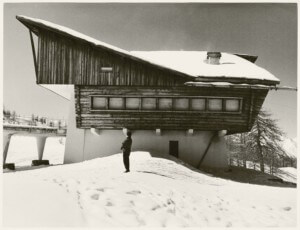 black and white photograph of angular building