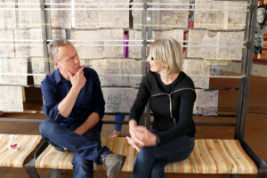 terry boling sitting on bench with woman discussing