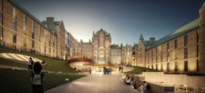 rendering of a vast plaza fronting a historic building